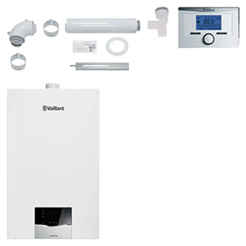 Vaillant Wandheizungssystem mit Steuergerät, Rohrleitungen und Montagezubehör, inklusive Abgasleitung und Anschlusskomponenten in einem neutralen Layout.
